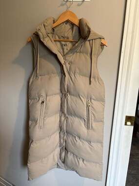 Zara Long Puffer Vest Hooded Sleeveless Beige XS